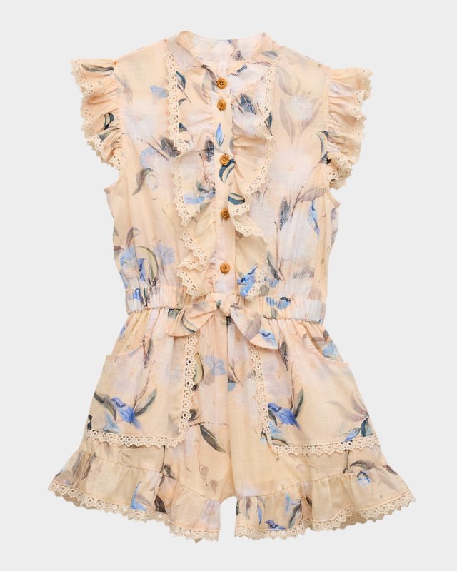 Girl's Cascadian Floral-Print Frill Romper, Size 2-